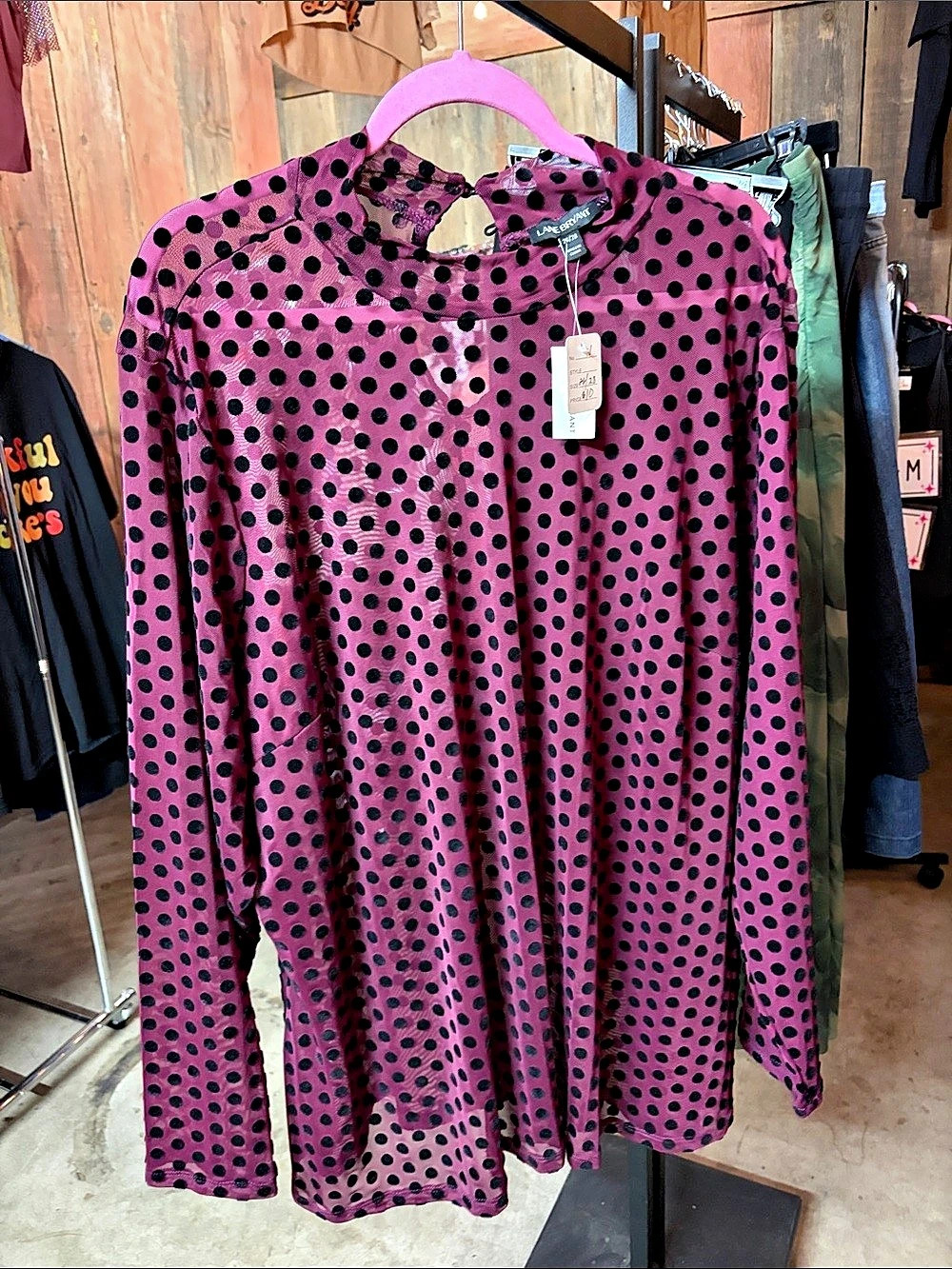 Lane Bryant Mock-Neck Flock Dot Sheer Mesh Top Pink & Black Size 18/20